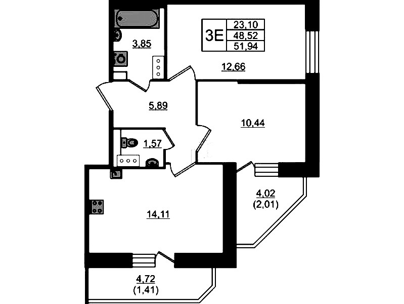 2-комнатная квартира 51.94 м², 10/23 эт., ЖК «Живи! В Рыбацком»
